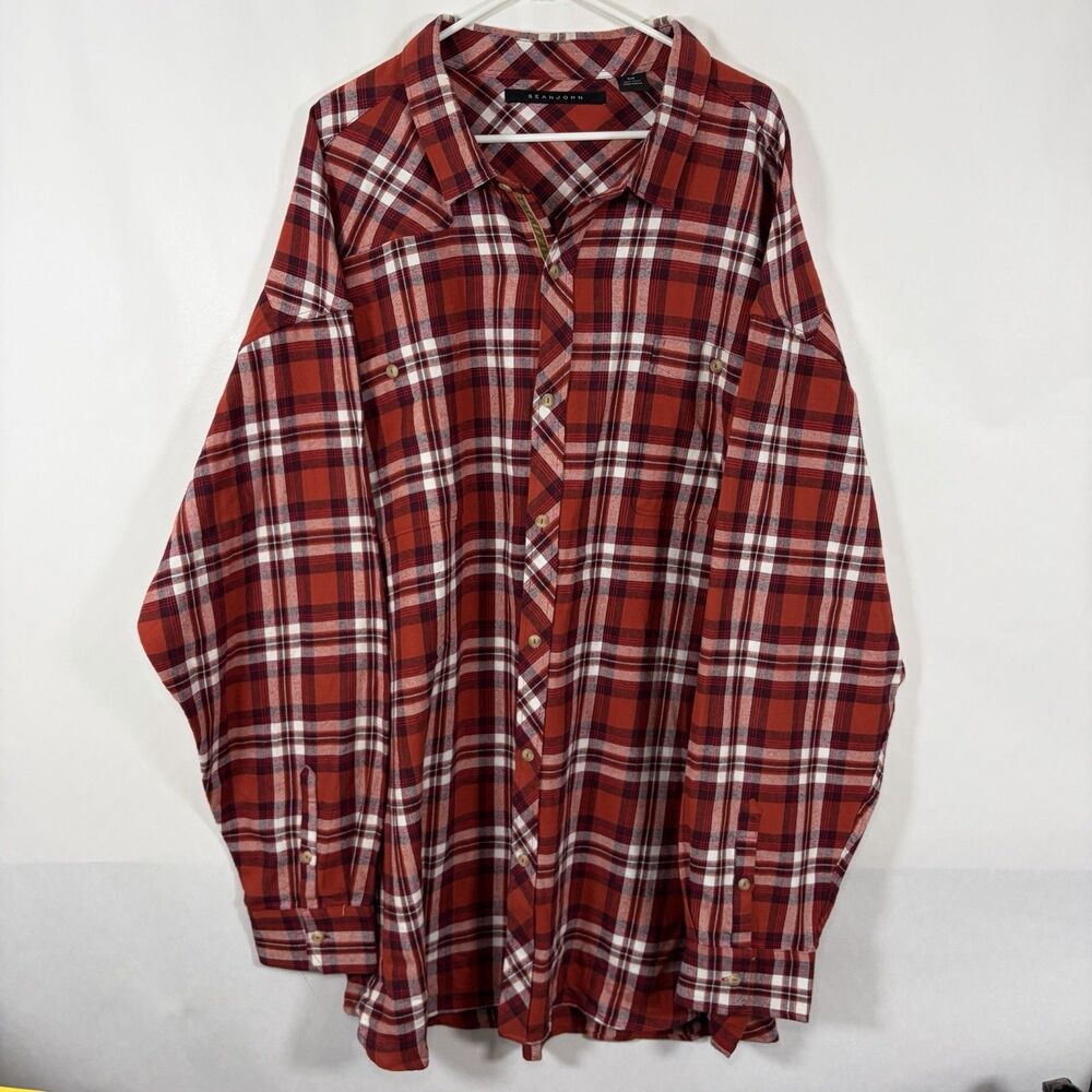 Sean John Button Up Flannel Shirt Mens 5XB Red Orange Plaid Pockets Big & Tall